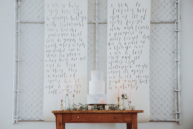 An intimate and romantic art studio wedding styled shoot with a palette of gray, white, gold and rose quartz by Summer Rayne Photo and Sweetheart Events