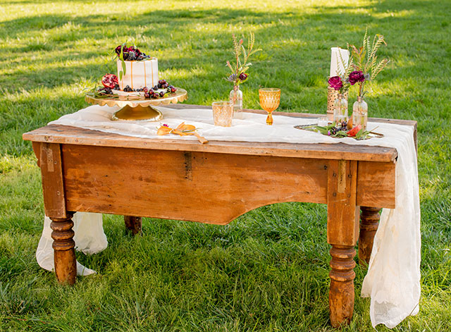 A sweet Southern boho romance wedding styled shoot with a moss chair, a banjo and a gorgeous outdoor tablescape by Twila's Photography