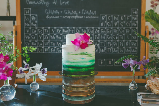 This incredibly creative and science-themed chemistry wedding inspiration shoot featured tons of orchids, local food & cocktails and butterfly specimens by Wright Photographs