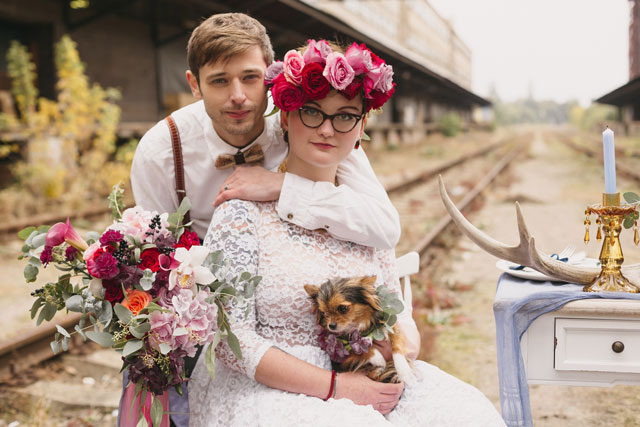 An intimate railway elopement inspiration shoot in Prague with a vintage lace dress and a bold rose crown by Yana Zolotoverkhaya