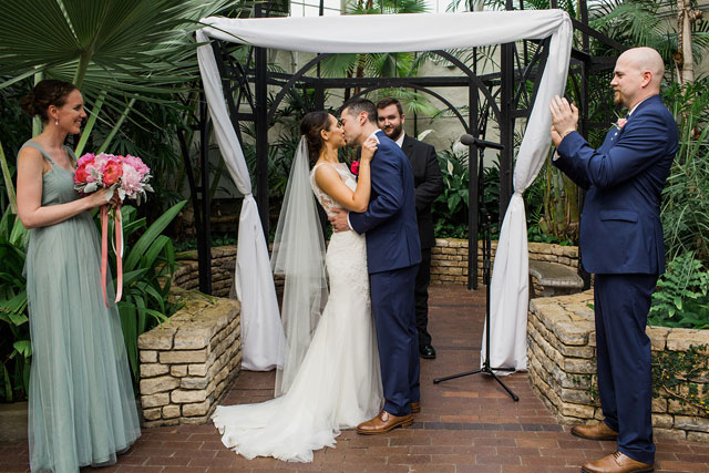 A romantic springtime navy and blush Franklin Park Conservatory wedding by Adam Lowe
