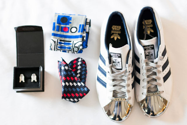 A spring wedding with Star Wars accents like R2D2 cufflinks and C-3PO shoes by Caitlin O'Reilly Photography