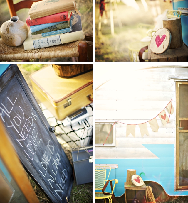 A stylized love shoot with a vintage trailer and bikes by fotoNovella || see more on blog.nearlynewlywed.com