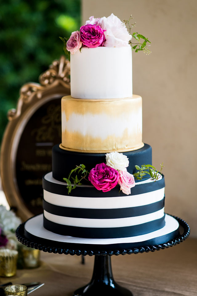 A perfectly chic black and white striped Villa Del Lago wedding with pops of fuchsia and gold by Cory Ryan Photography