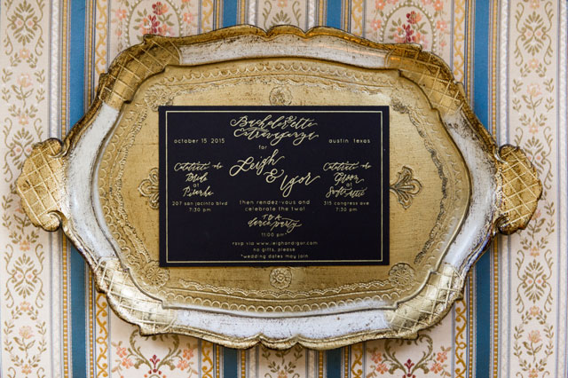 A chic gold calligraphy destination wedding at a historic venue in Austin by Cory Ryan Photography