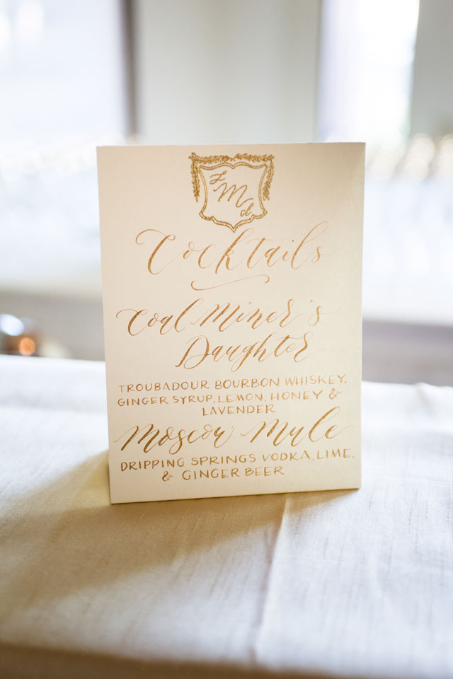 A chic gold calligraphy destination wedding at a historic venue in Austin by Cory Ryan Photography
