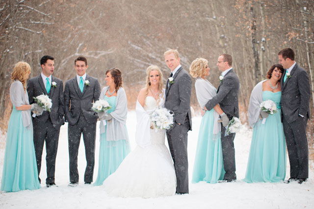 A winter wedding on the first snow fall of the season in a palette of Tiffany blue and silver | Crown Photography: crownphotography.ca