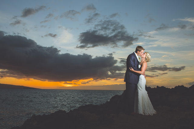 A dreamy island wedding in shades of pale blue with a fiery Maui sunset by Dmitri and Sandra Photography and Bliss Wedding Design & Spectacular Events