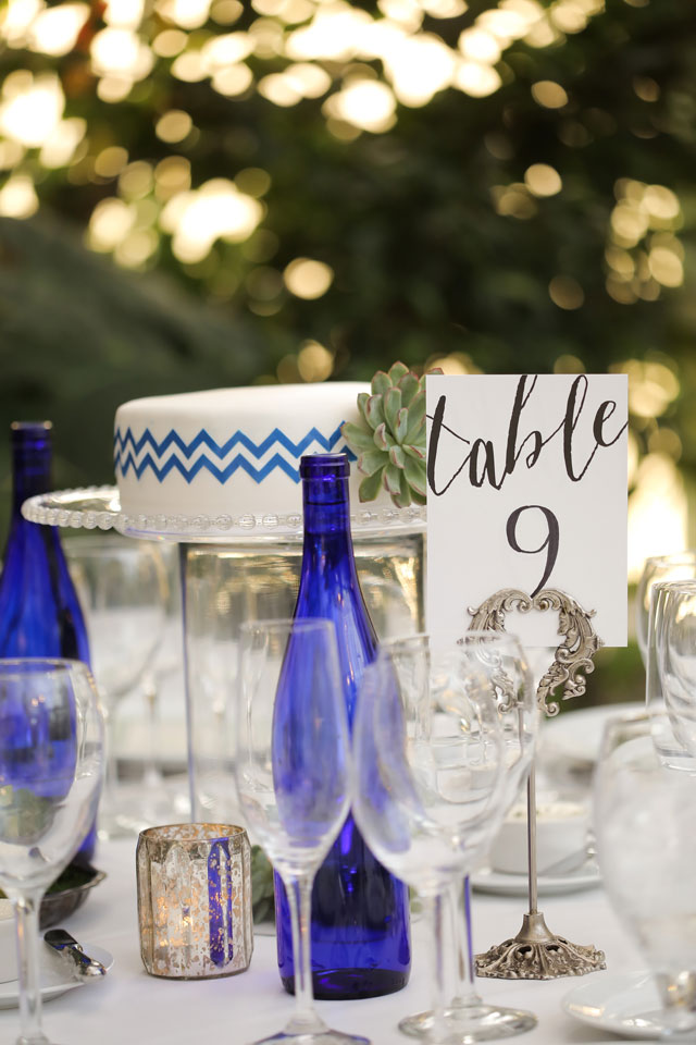 An elegant wedding at La Caille with cobalt blue, white and gray chevron details | Logan Walker Photography: http://www.loganwalkerphoto.com