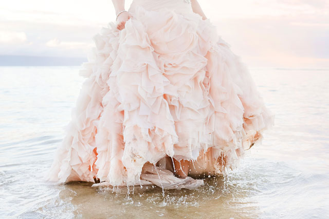 A stunning sunrise trash the dress shoot on Maui with a Rose Quartz dress by Love and Water Photography