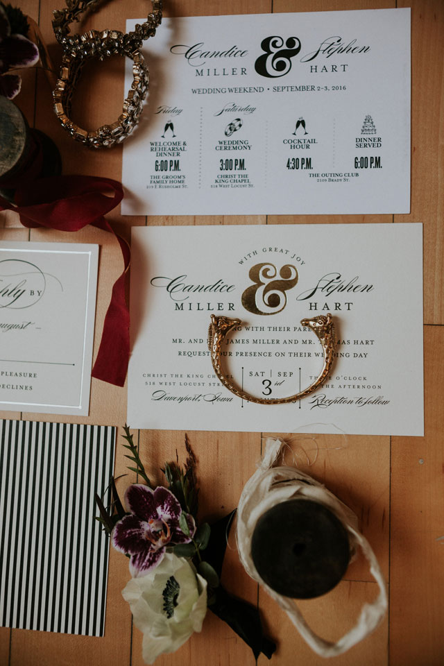 A classic and elegant travel themed wedding with a black and white stripe motif by Pam Cooley Photography and Pollen and Pastry