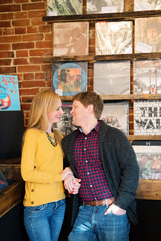 A couple's record store and coffee shop engagement session // photo by Photography by Betty Elaine: http://bettyelainephotography.com || see more on https://blog.nearlynewlywed.com