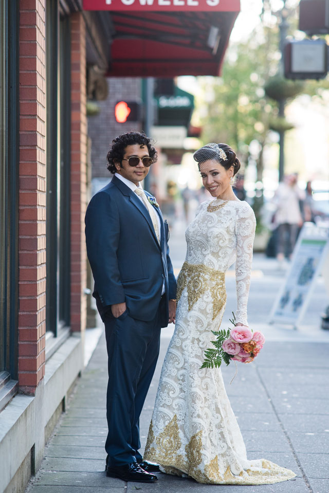 A golden civil ceremony in Portland with a brooch bouquet, a courthouse ceremony, a trip to Voodoo Doughnut, and food trucks at the reception by Powers Photography Studio and Adorn Invitations