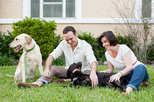 An adorable hometown engagement session with the couple's dogs in Lakeland // photo by Sarah & Ben: http://www.sarahben.com || see more on https://blog.nearlynewlywed.com